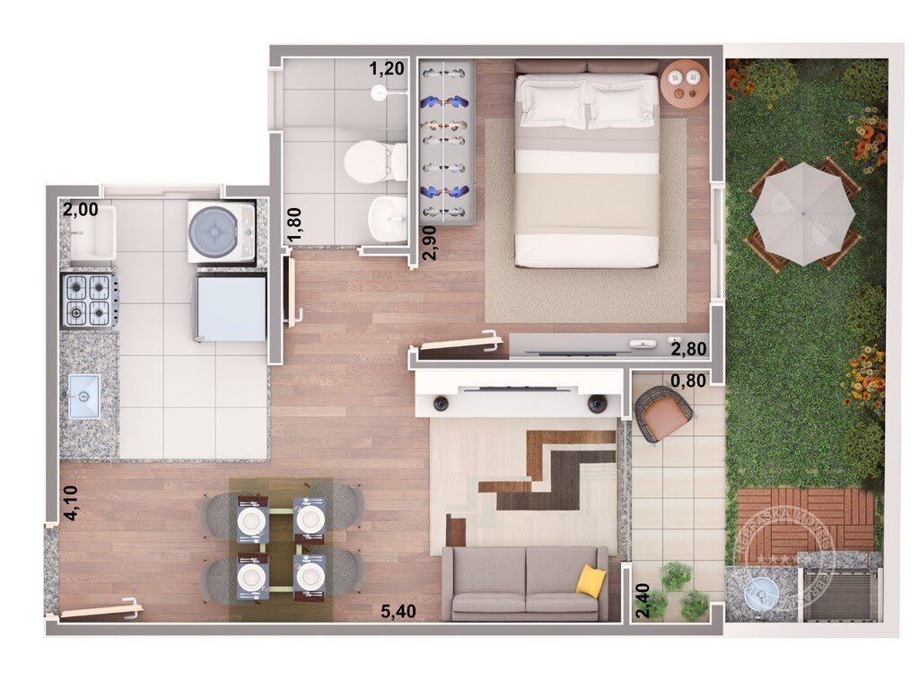 Planta 02 - 1 dorm 43m² - garden