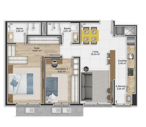 Planta 03 - 2 dorm 64m²