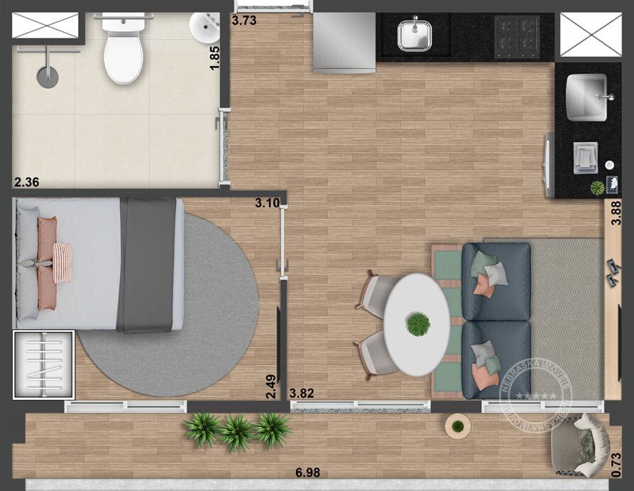 Planta 03 - 1 dorm 39 99m² - opção 2