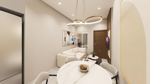 Sala e cozinha integradas da casa geminada em Vera Cruz