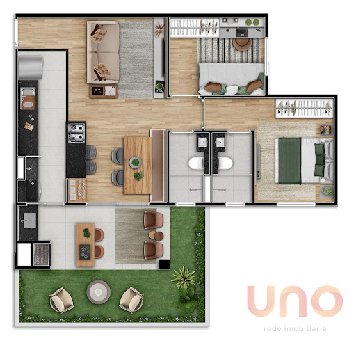 Planta do apartamento no Jooy Wonder com 65 metros quadrados e sala alongada. Apartamento com 1 suíte