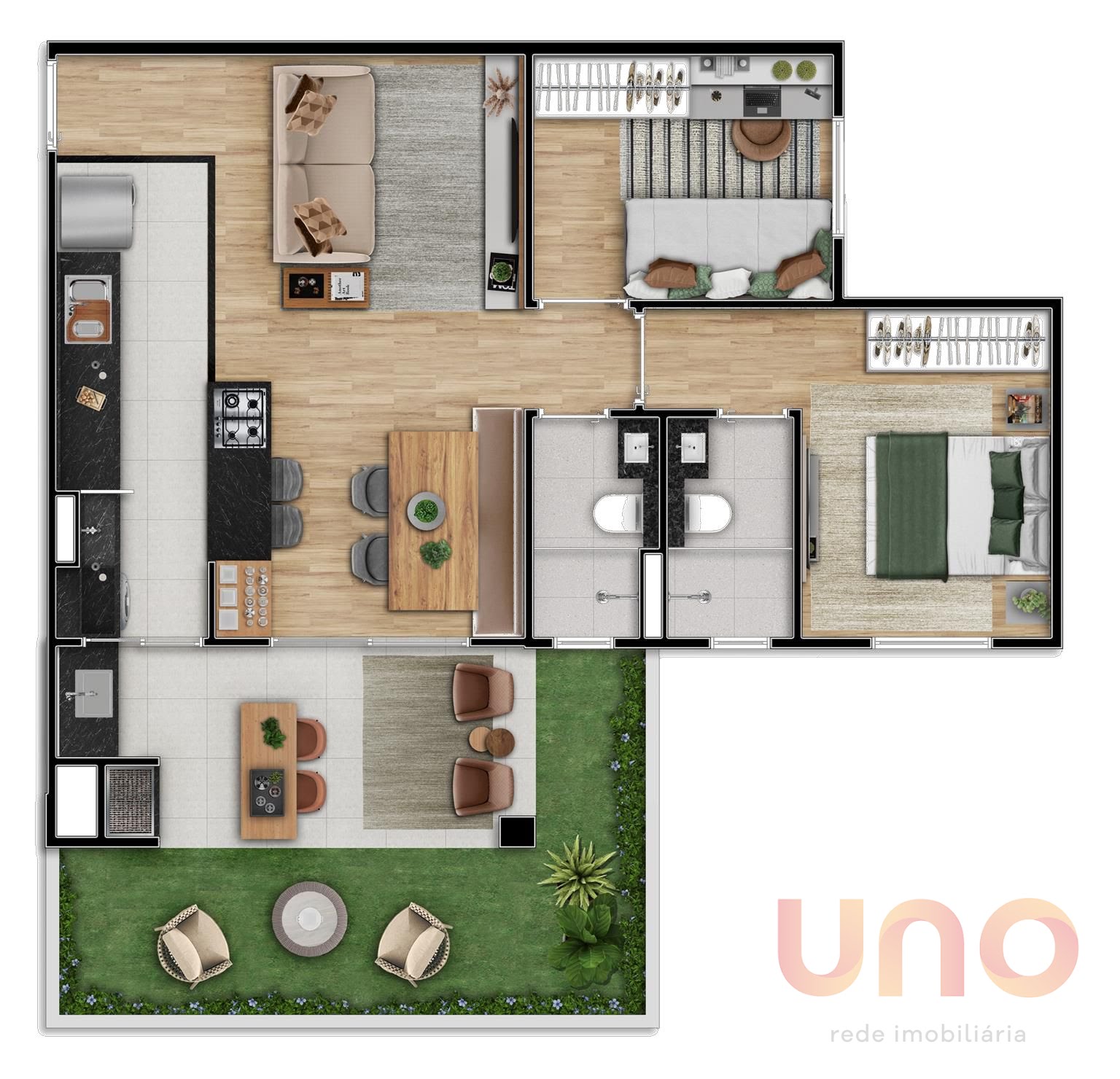 Planta do apartamento no Jooy Wonder com 65 metros quadrados e sala alongada. Apartamento com 1 suíte