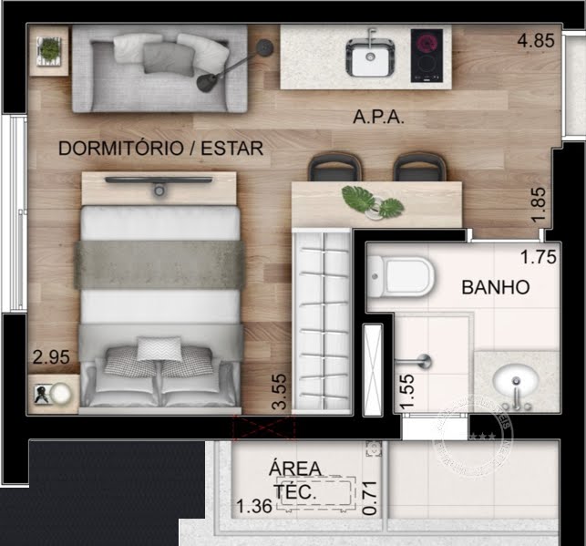 Planta 02 - 1 dorm 22m² - studio