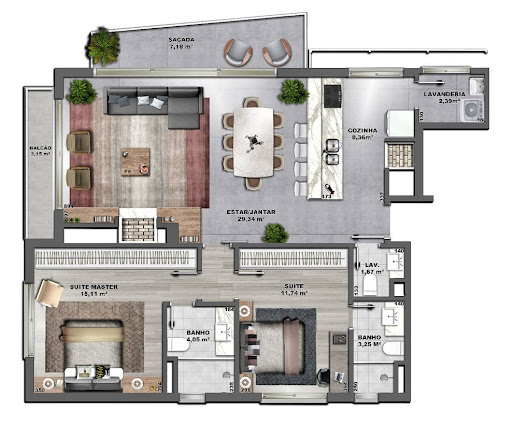 Planta 01 - 2 dorm 104 76m²