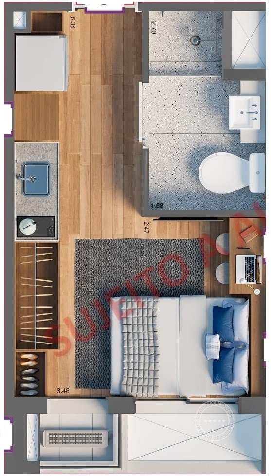 Planta 01 - 1 dorm 21m²